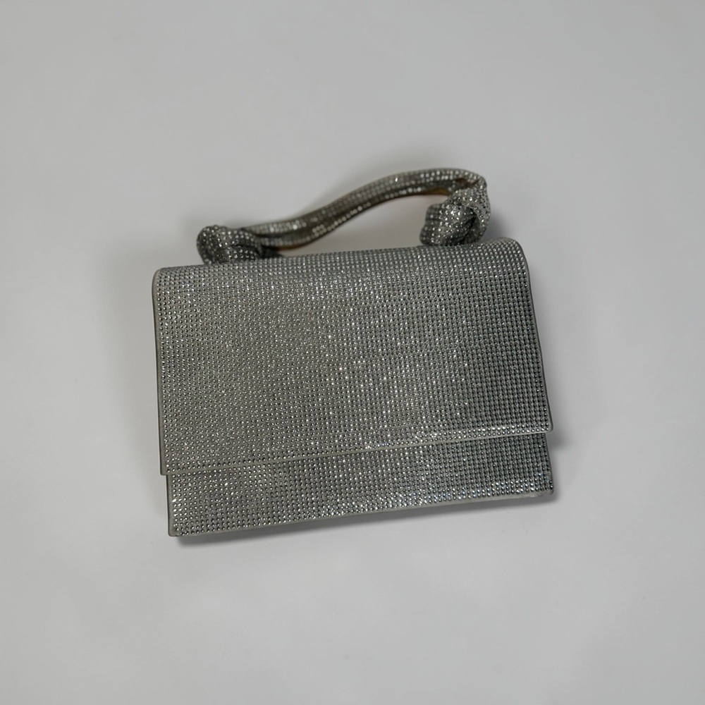 ZARA Rhinestone Clutch Silver Sparkly Evening Bag Chain Strap special occasion